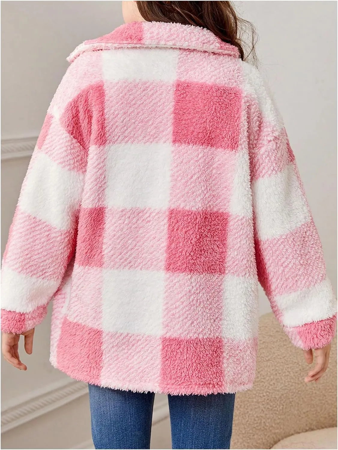Verdusa Girl's Buffalo Plaid Turn Down Collar Drop Shoulder Button Up Cute Fleece Jacket Long Sleeve Teddy Coat Outerwear