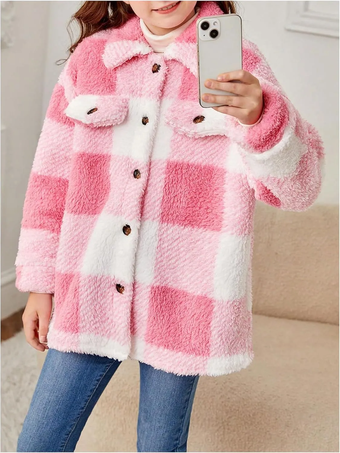 Verdusa Girl's Buffalo Plaid Turn Down Collar Drop Shoulder Button Up Cute Fleece Jacket Long Sleeve Teddy Coat Outerwear