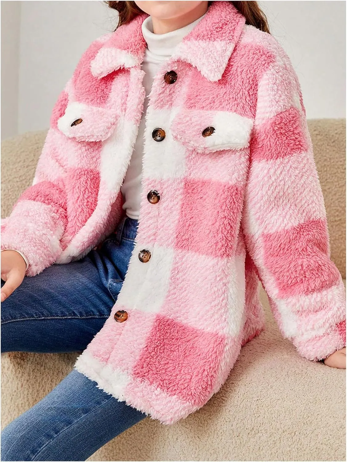 Verdusa Girl's Buffalo Plaid Turn Down Collar Drop Shoulder Button Up Cute Fleece Jacket Long Sleeve Teddy Coat Outerwear