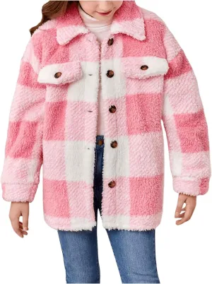 Verdusa Girl's Buffalo Plaid Turn Down Collar Drop Shoulder Button Up Cute Fleece Jacket Long Sleeve Teddy Coat Outerwear