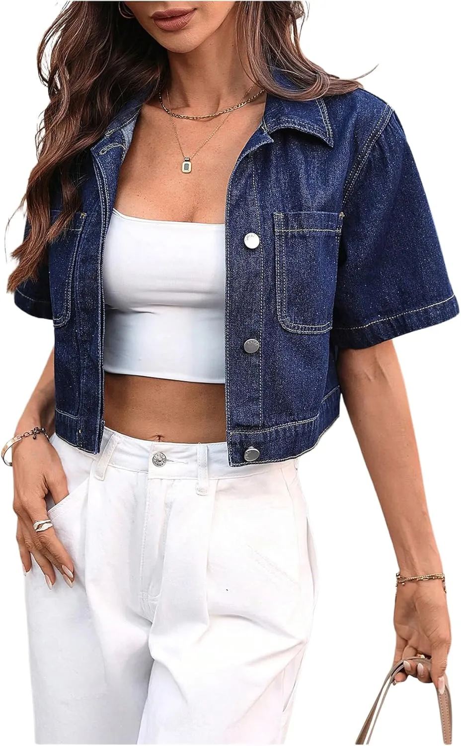 Verdusa Women's Button Front Denim Jacket Short Sleeve Collared Crop Tops with Pockets