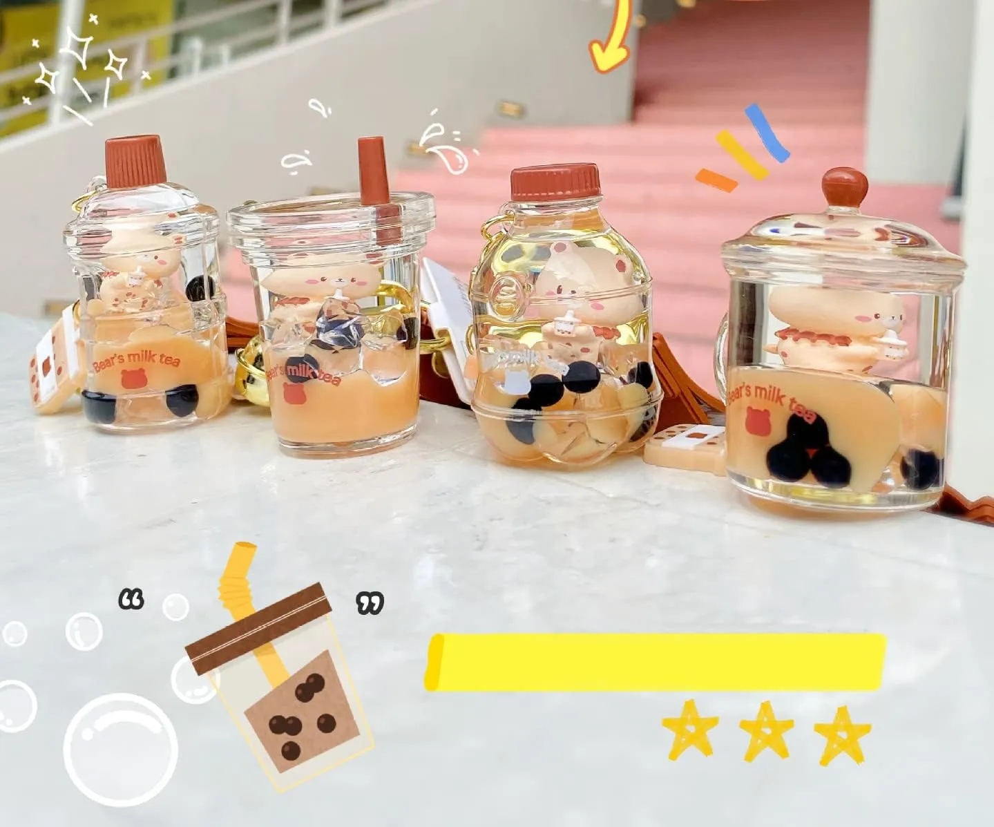 VICKYPOP Bubble Tea Keychain Cute Cartoon Boba Bear Pendant Decoration for School Bag, Handbag and Backpack