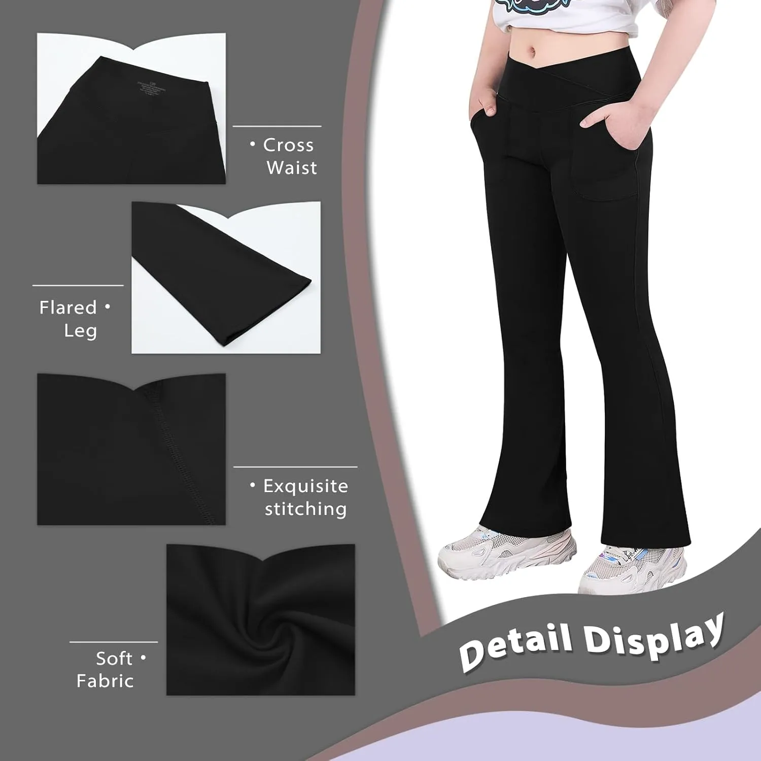 viehunt Girls High Waisted Flare Leggings Crossover Cute Wide Leg Solid Full Length Yoga Pants with Pockets