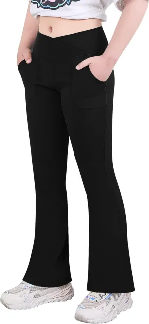 viehunt Girls High Waisted Flare Leggings Crossover Cute Wide Leg Solid Full Length Yoga Pants with Pockets