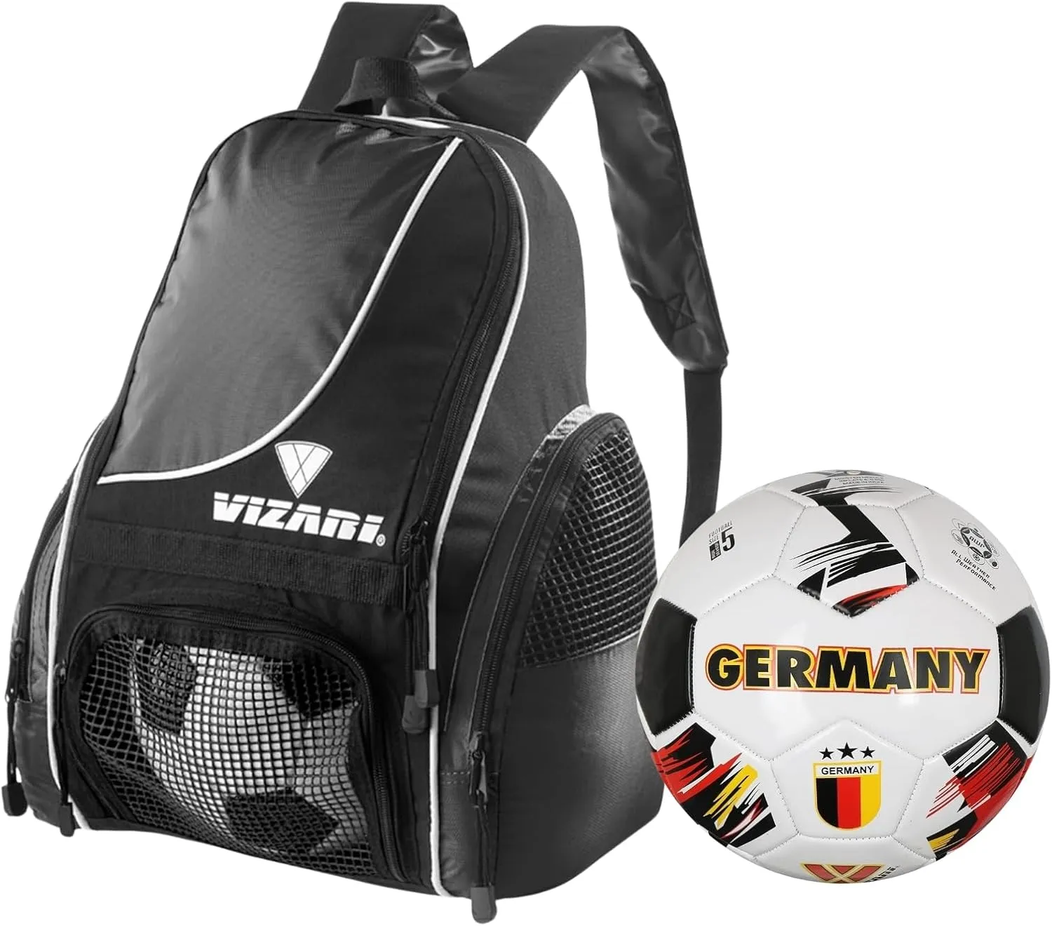 Vizari Solano Multi-Sport Backpack (Black) with National Team Soccer Ball Combo | Versatile Sports Backpack with Durable Faux Leather & Rubber Country Ball (Germany, Size 4)