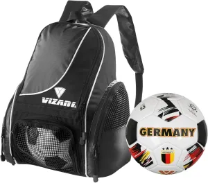 Vizari Solano Multi-Sport Backpack (Black) with National Team Soccer Ball Combo | Versatile Sports Backpack with Durable Faux Leather & Rubber Country Ball (Germany, Size 4)