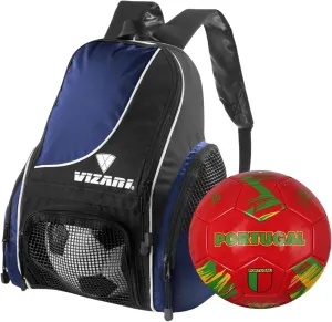 Vizari Solano Multi-Sport Backpack (Navy) with National Team Soccer Ball Combo | Versatile Sports Backpack with Durable Faux Leather & Rubber Country Ball (Portugal, Size 3)
