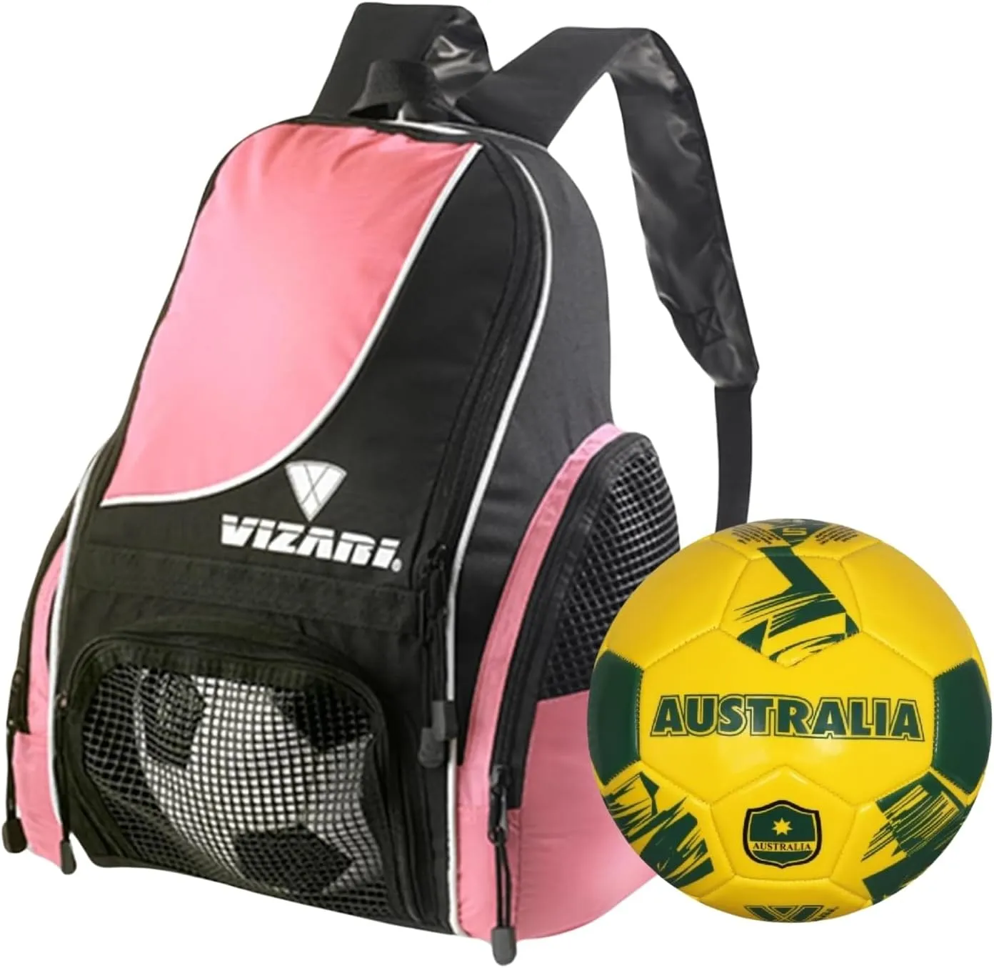 Vizari Solano Multi-Sport Backpack (Pink) with National Team Soccer Ball Combo | Versatile Sports Backpack with Durable Faux Leather & Rubber Country Ball (Australia, Size 5)