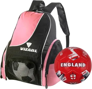 Vizari Solano Multi-Sport Backpack (Pink) with National Team Soccer Ball Combo | Versatile Sports Backpack with Durable Faux Leather & Rubber Country Ball (England, Size 5)