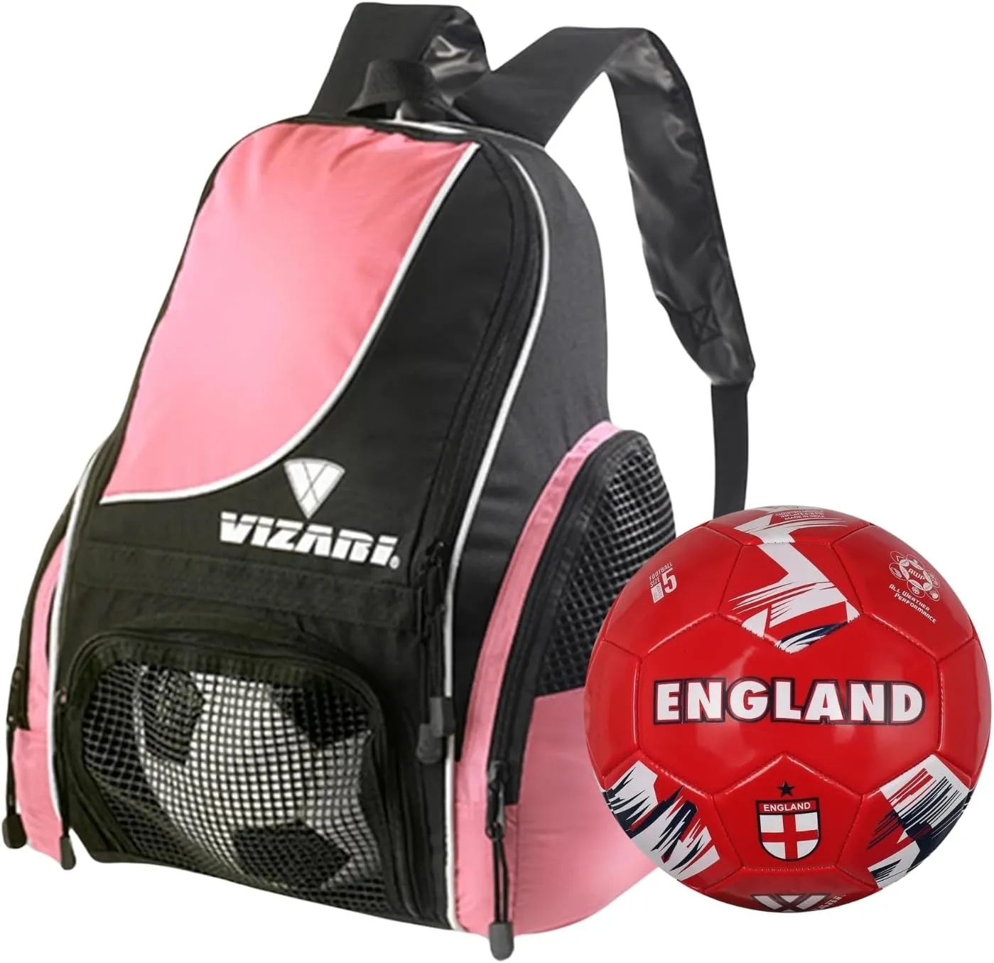 Vizari Solano Multi-Sport Backpack (Pink) with National Team Soccer Ball Combo | Versatile Sports Backpack with Durable Faux Leather & Rubber Country Ball (England, Size 5)