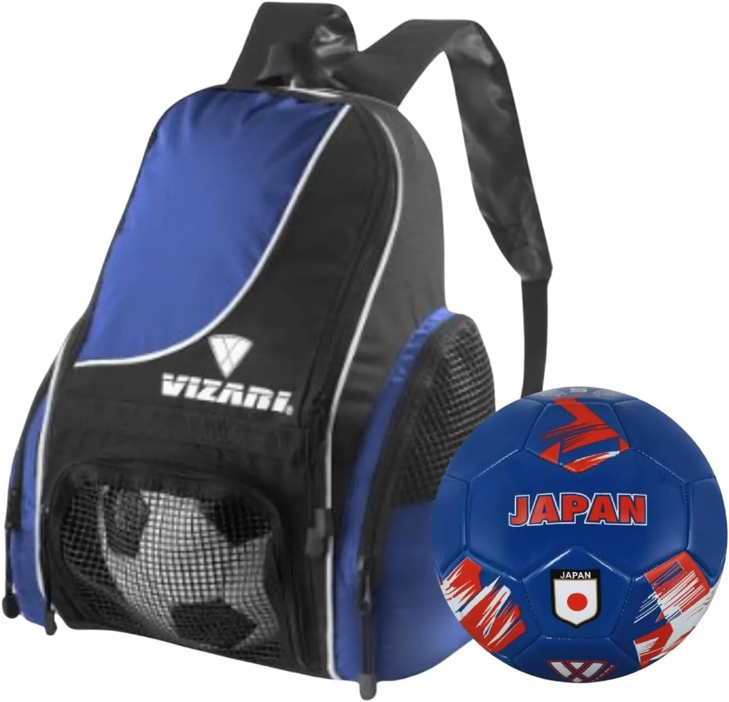 Vizari Solano Multi-Sport Backpack (Royal) with National Team Soccer Ball Combo | Versatile Sports Backpack with Durable Faux Leather & Rubber Country Ball (Japan, Size 5)