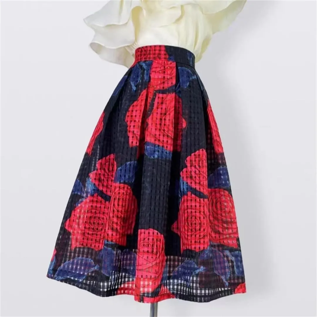 Vsadsau Women Elegant High Waist Skirt Long Pleated Midi Skirt Aesthetic Red Floral Embroidery Skirt
