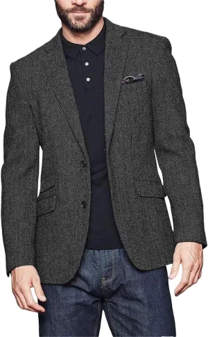 Wangyue Men's Slim Fit Herringbone Tweed Blazer Jacket Casual Sport Coat Bussiness Groomsmen Prom Autumn Jackets