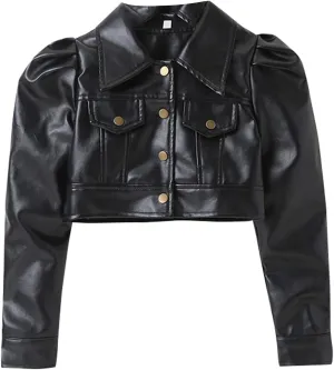 WASAIGOOD Toddler Girls Motorcycle Jackets PU Faux Leather Coat Turn-Down Collar Long Sleeve Crop Tops Outerwear Coats