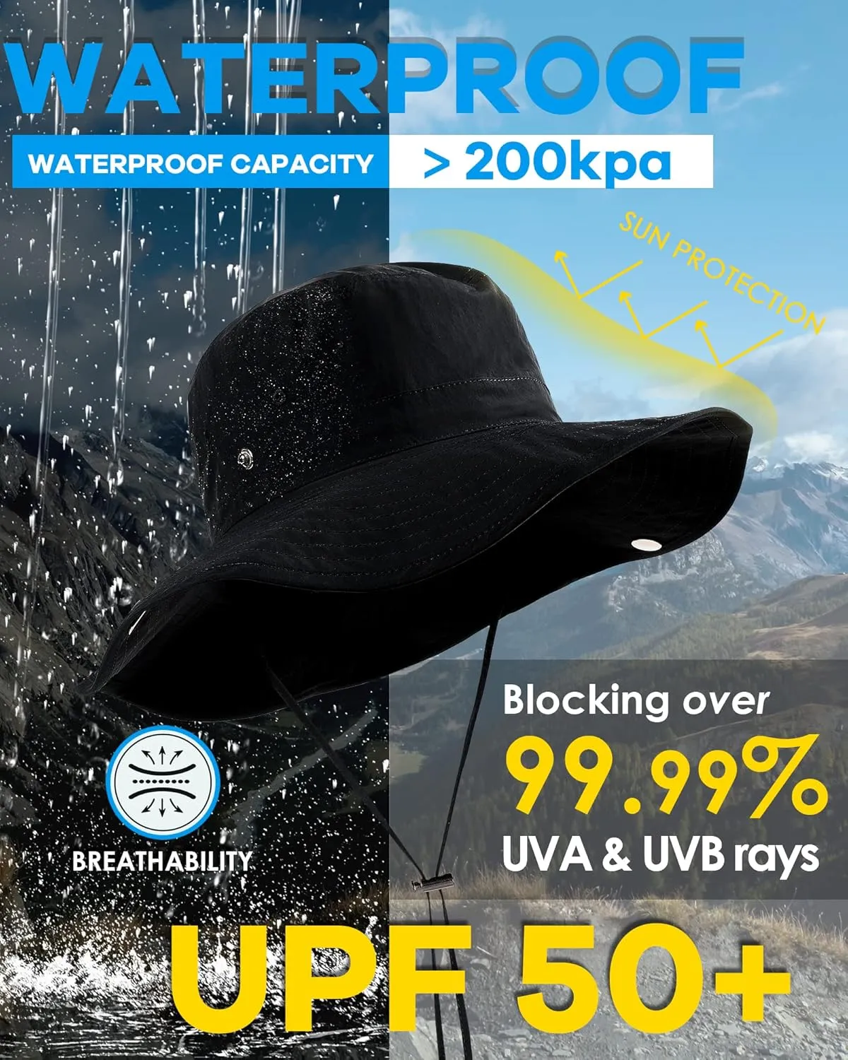 Waterproof Bucket Rain Hat for Women Wide Brim Summer UPF50  Cowboy Sun Hat Men Foldable Soft Floppy Beach Hat