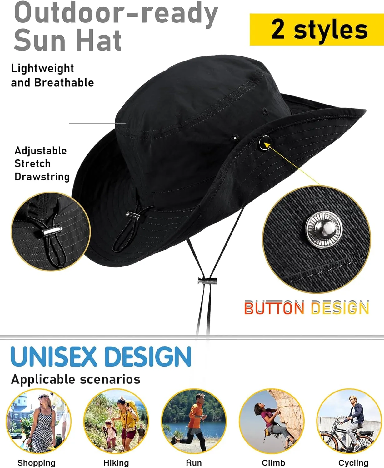 Waterproof Bucket Rain Hat for Women Wide Brim Summer UPF50  Cowboy Sun Hat Men Foldable Soft Floppy Beach Hat