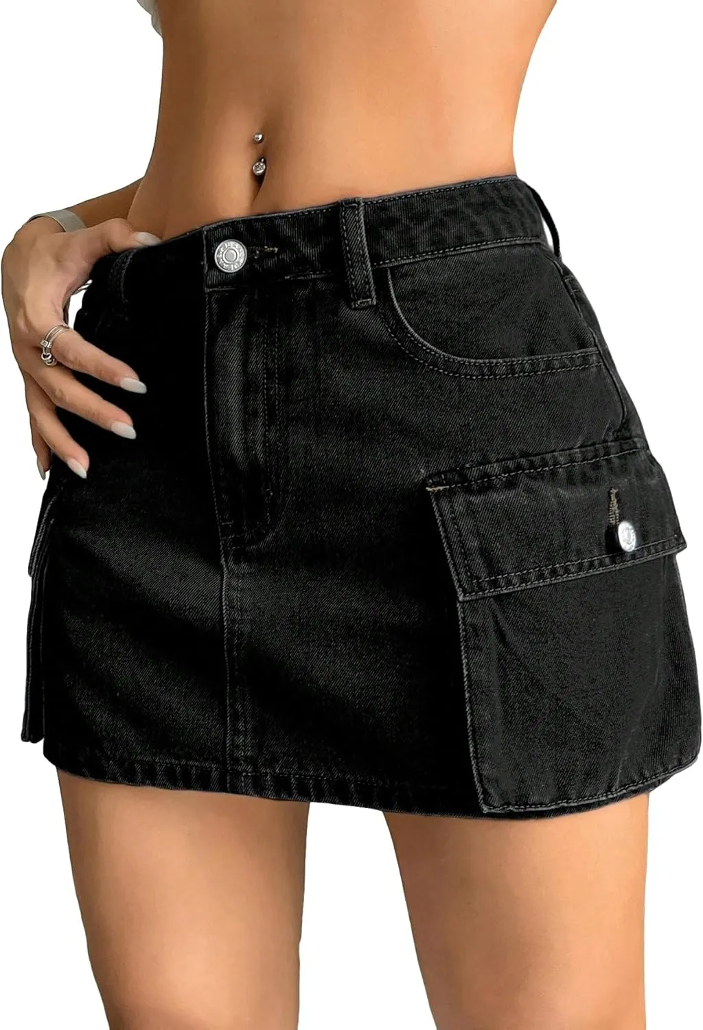 WDIRARA Women's Low Waist Cargo Denim Skirt Flap Pockets Button Bodycon Mini Skirts Y2K