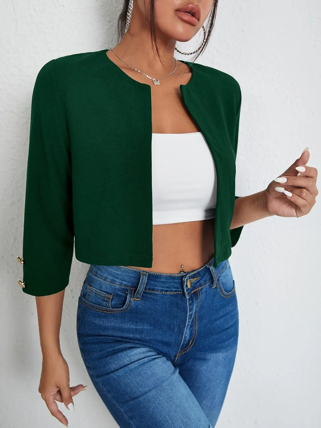 WDIRARA Women's Open Front 3/4 Sleeve Button Cuff Crop Blazer Casual Jackets