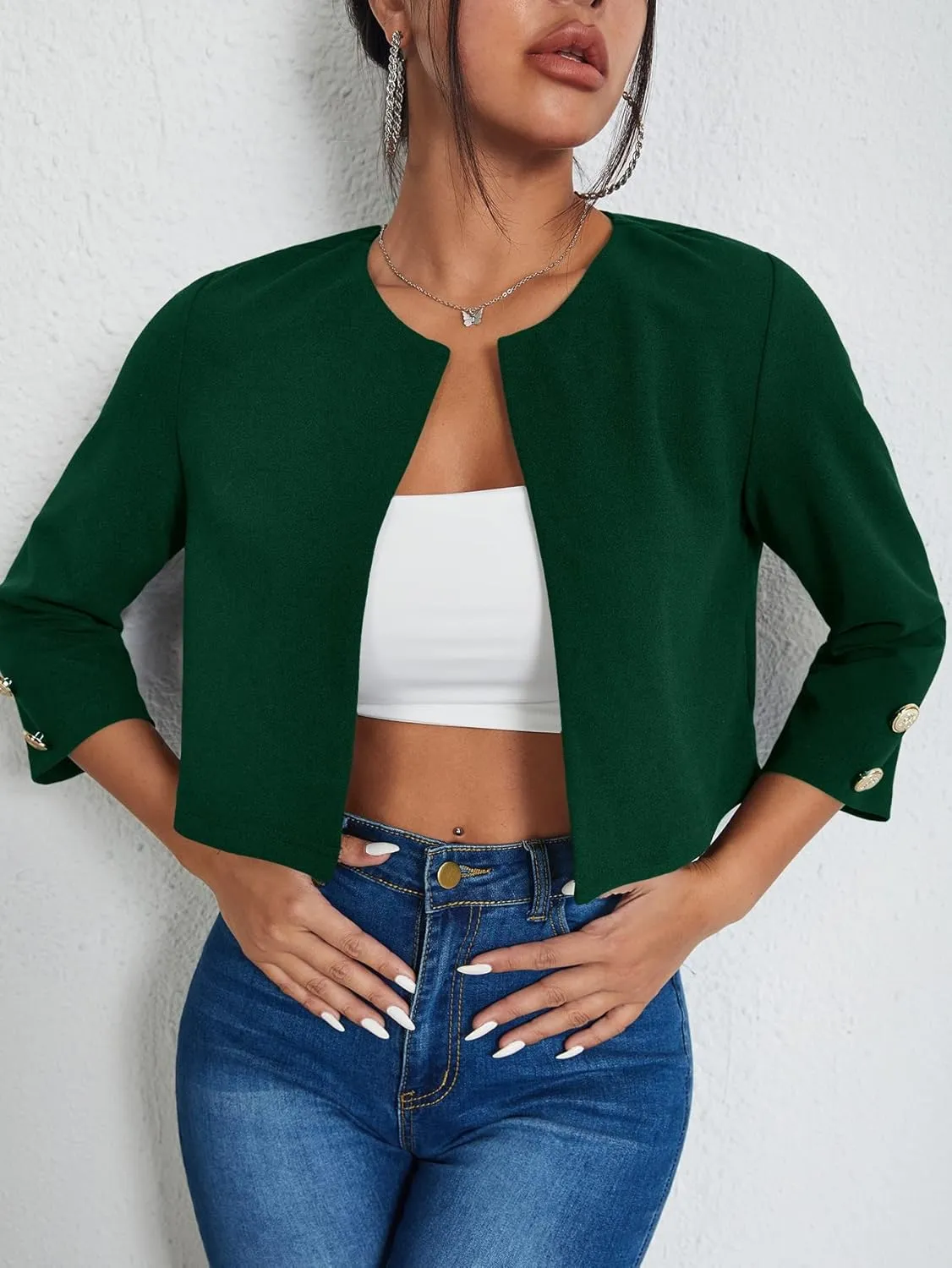 WDIRARA Women's Open Front 3/4 Sleeve Button Cuff Crop Blazer Casual Jackets