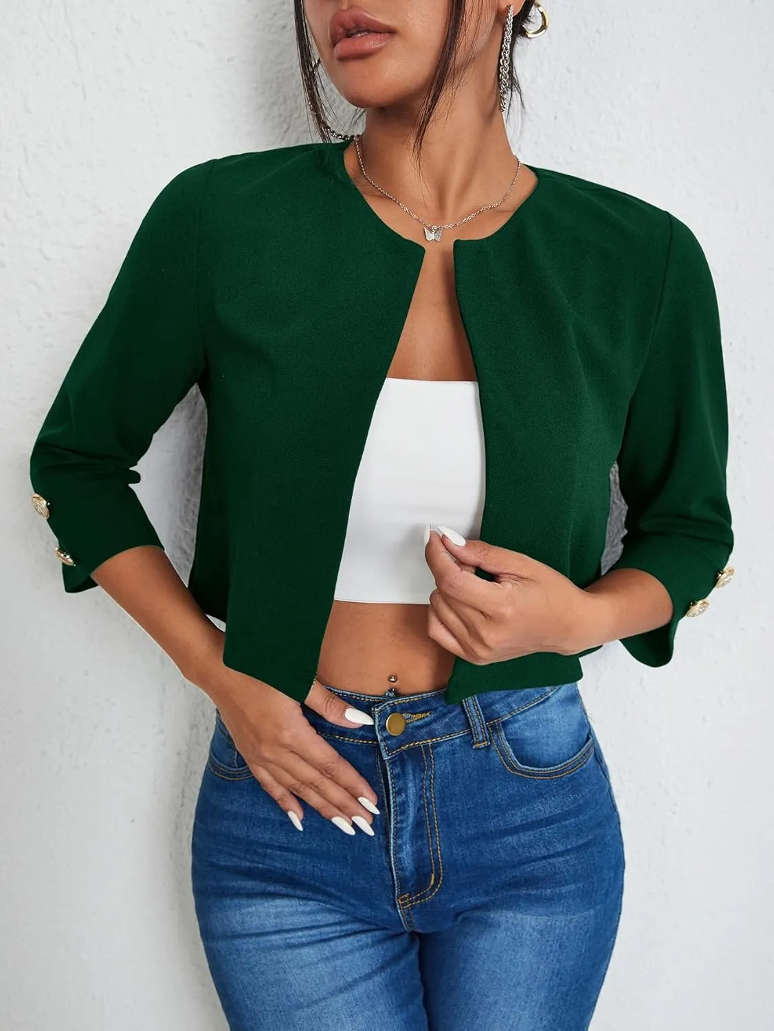 WDIRARA Women's Open Front 3/4 Sleeve Button Cuff Crop Blazer Casual Jackets