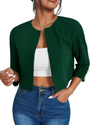 WDIRARA Women's Open Front 3/4 Sleeve Button Cuff Crop Blazer Casual Jackets