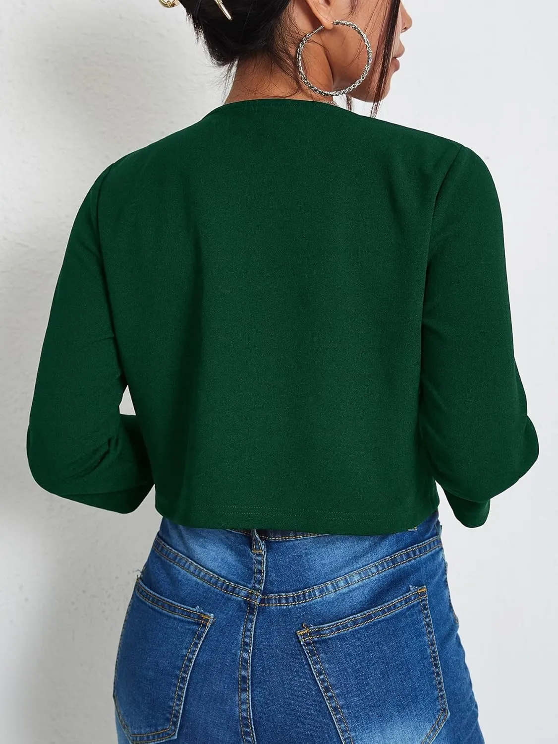 WDIRARA Women's Open Front 3/4 Sleeve Button Cuff Crop Blazer Casual Jackets