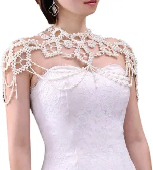 Wedding Faux Pearl Bib Choker Necklace Jewelry Beading Body Chain Shawl Collar White