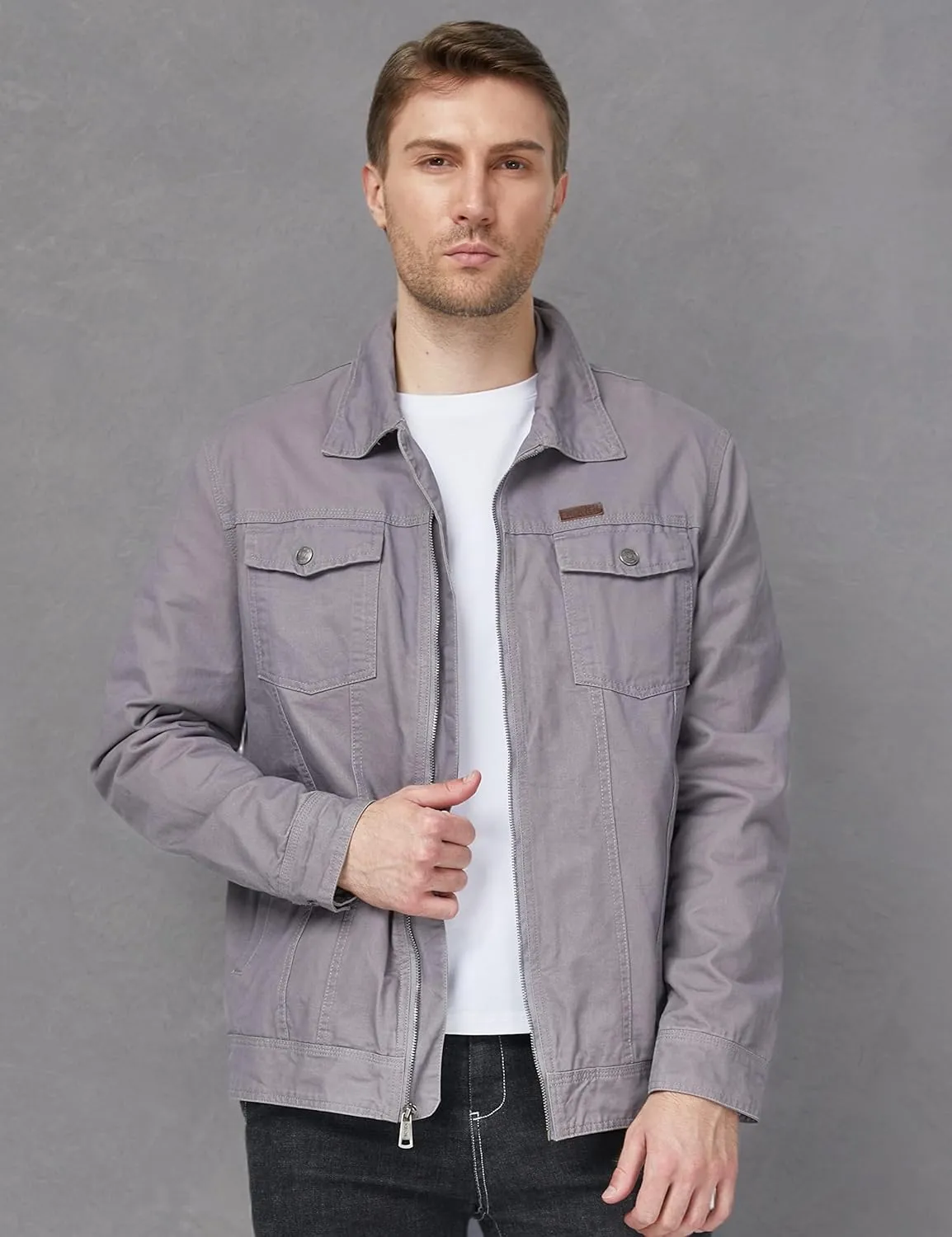 WenVen Men's Casual Canvas Cotton Jacket Lightweight Military Utility Jacket