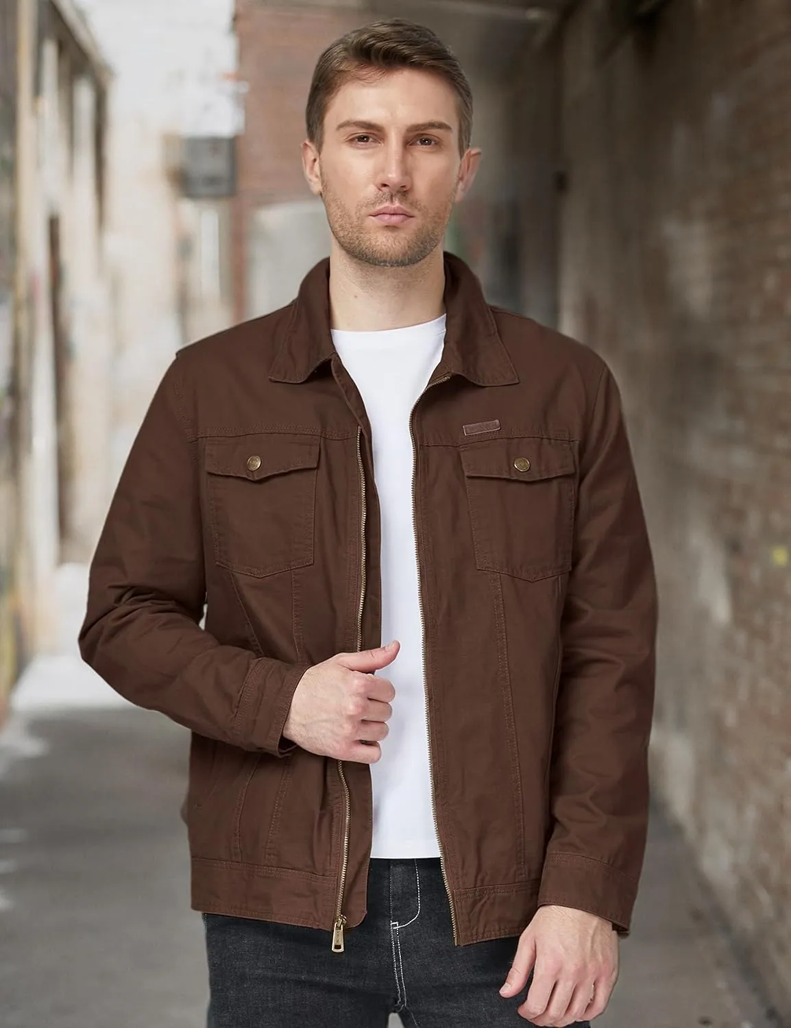 WenVen Men's Casual Canvas Cotton Jacket Lightweight Military Utility Jacket