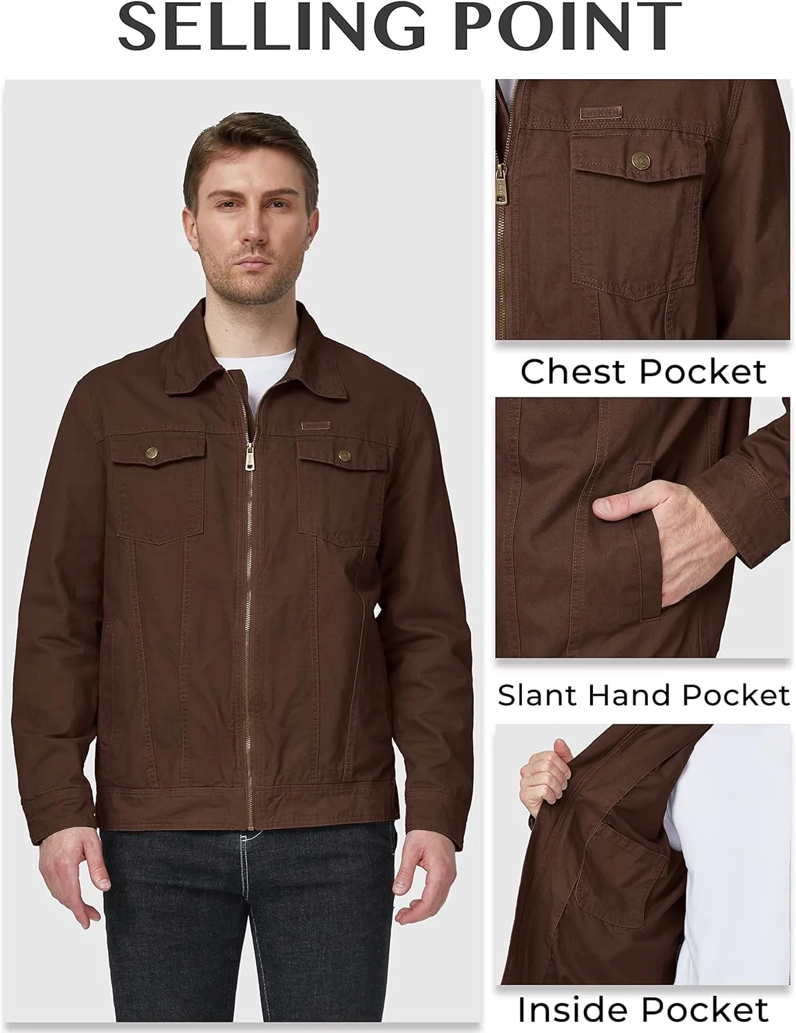 WenVen Men's Casual Canvas Cotton Jacket Lightweight Military Utility Jacket