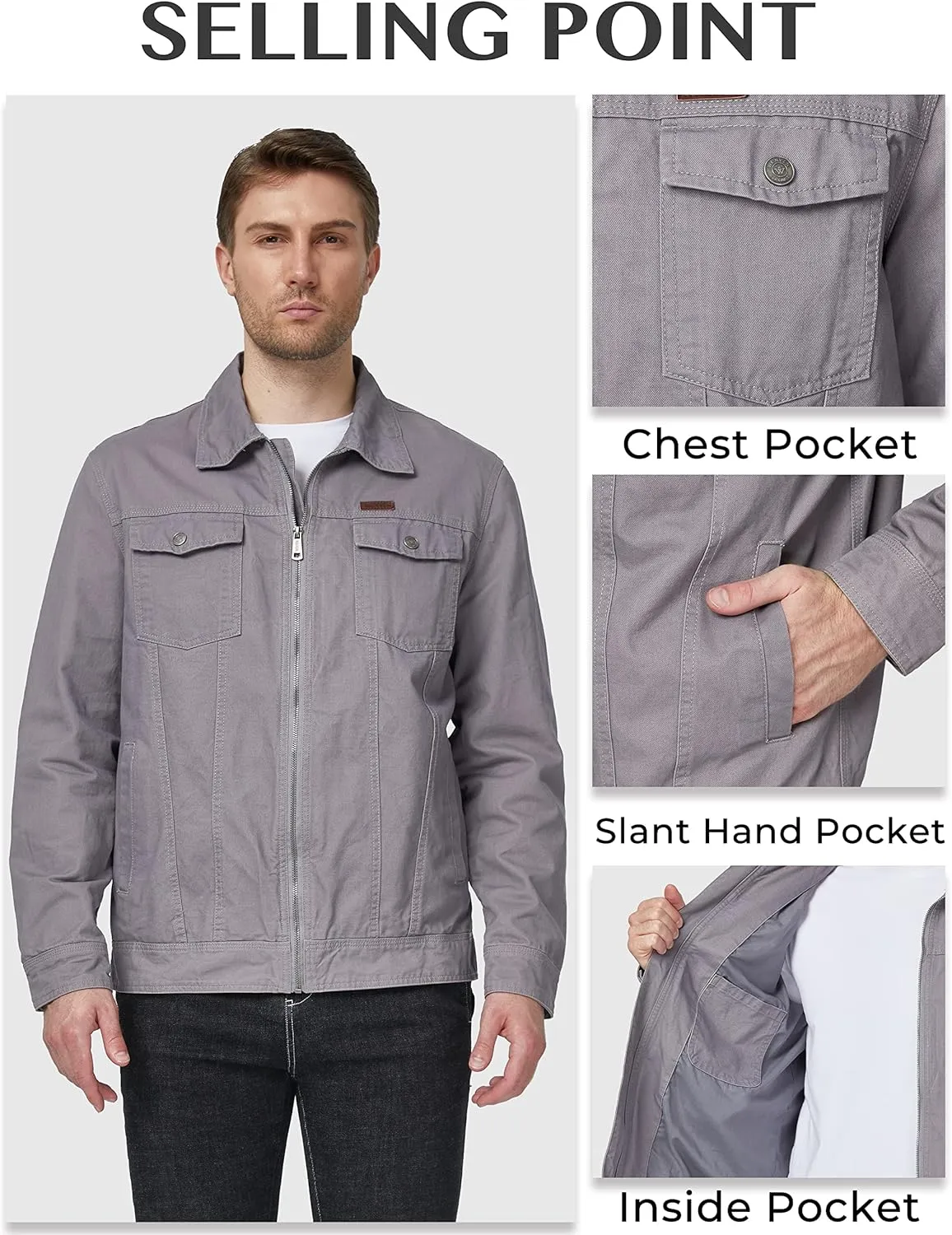 WenVen Men's Casual Canvas Cotton Jacket Lightweight Military Utility Jacket