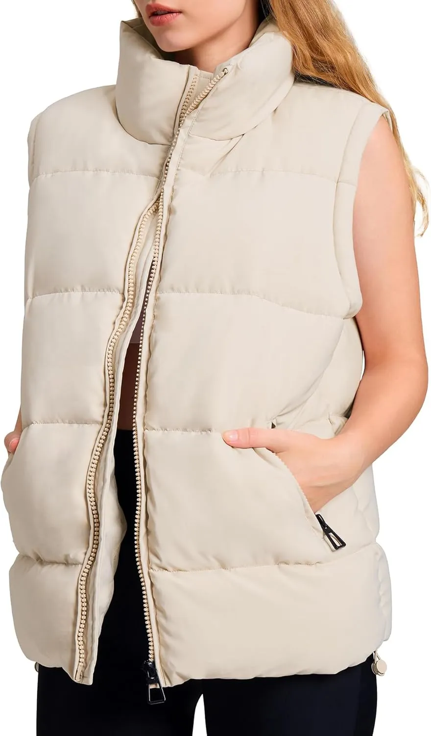 WHN Womens Puffer Vest 2024 Winter Zip Up Oversized Padded Puffy Jacket Coat with Pockets