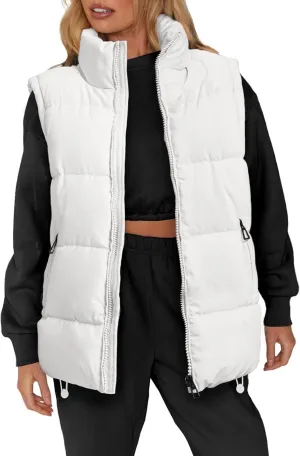 WHN Womens Puffer Vest 2024 Winter Zip Up Oversized Padded Puffy Jacket Coat with Pockets