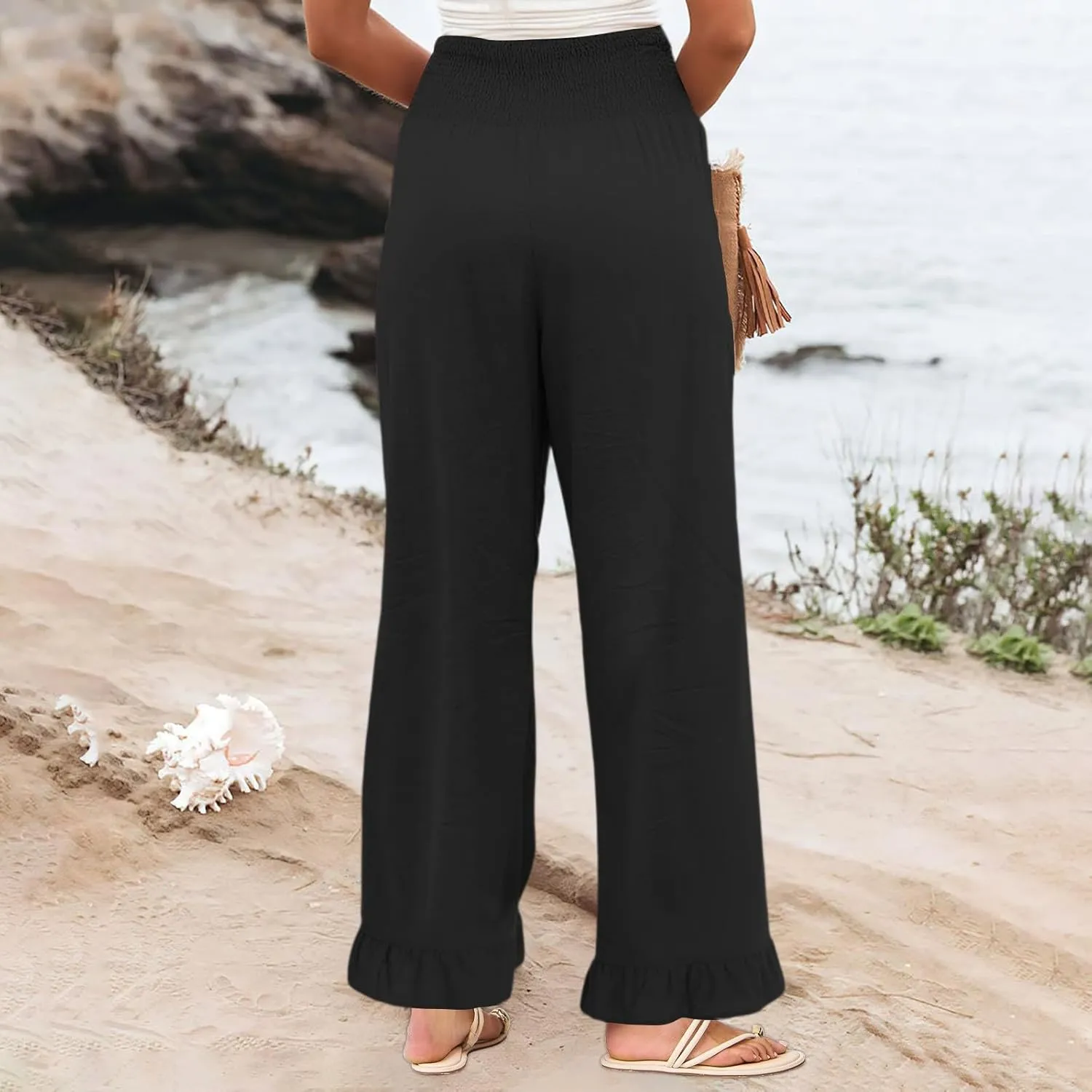 Wide Leg Linen Pants for Women Smocked Waist Summer Flowy Ruffle Pants Beach Casual Cropped Palazzo Pant with Pockets