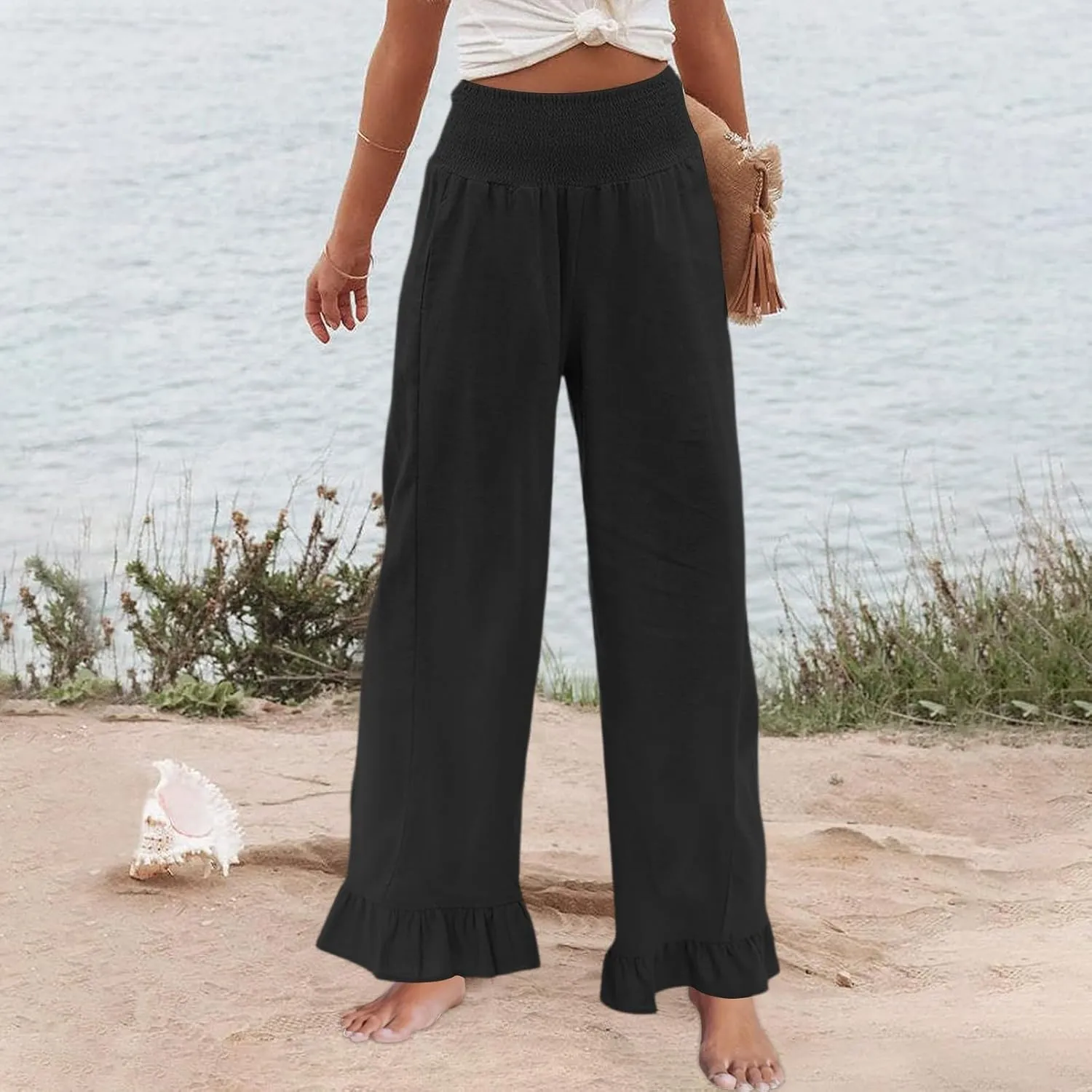 Wide Leg Linen Pants for Women Smocked Waist Summer Flowy Ruffle Pants Beach Casual Cropped Palazzo Pant with Pockets