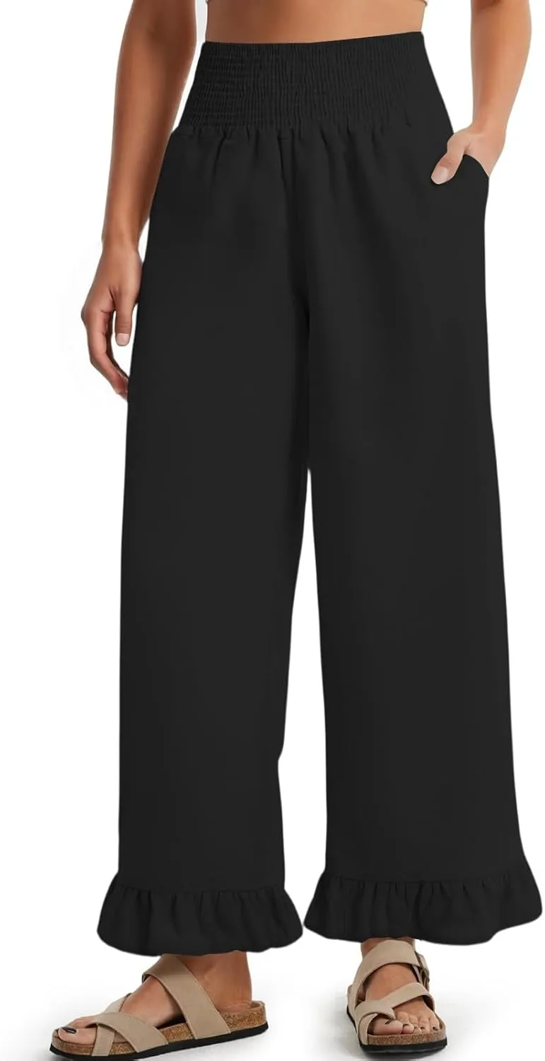 Wide Leg Linen Pants for Women Smocked Waist Summer Flowy Ruffle Pants Beach Casual Cropped Palazzo Pant with Pockets