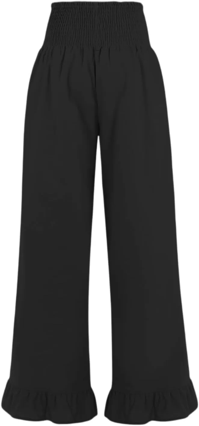 Wide Leg Linen Pants for Women Smocked Waist Summer Flowy Ruffle Pants Beach Casual Cropped Palazzo Pant with Pockets