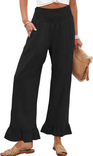Wide Leg Linen Pants for Women Smocked Waist Summer Flowy Ruffle Pants Beach Casual Cropped Palazzo Pant with Pockets