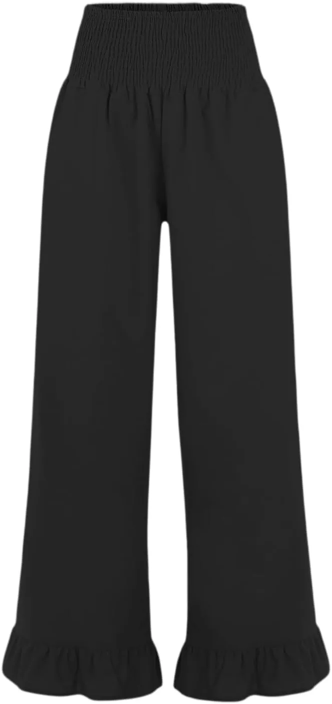 Wide Leg Linen Pants for Women Smocked Waist Summer Flowy Ruffle Pants Beach Casual Cropped Palazzo Pant with Pockets