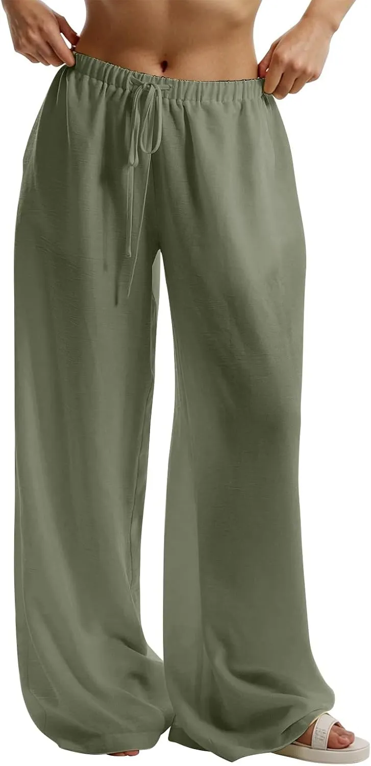 Wide Leg Linen Pants Women Casual Flowy Elastic Waist Work Pants Summer Loose Drawstring Cotton Joggers with Pockets