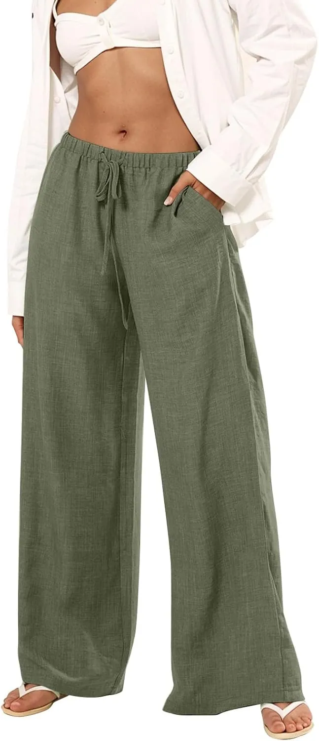 Wide Leg Linen Pants Women Casual Flowy Elastic Waist Work Pants Summer Loose Drawstring Cotton Joggers with Pockets