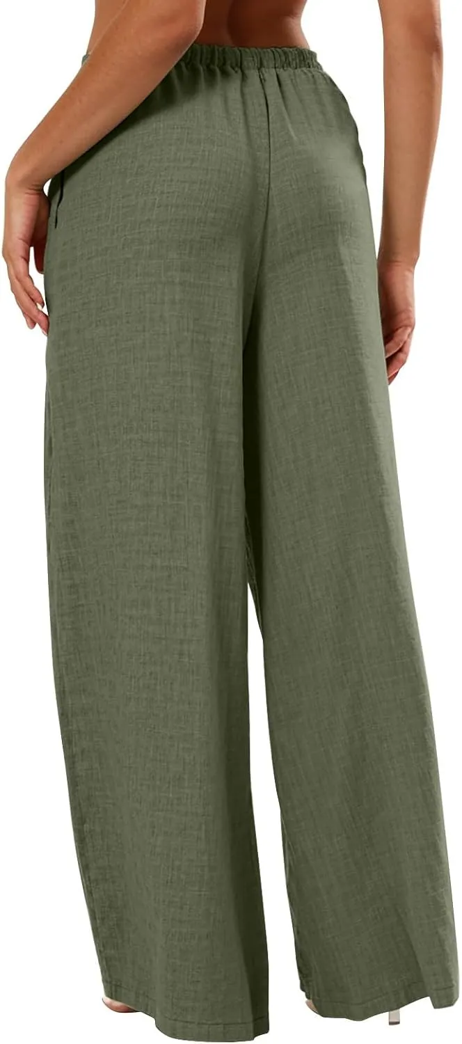 Wide Leg Linen Pants Women Casual Flowy Elastic Waist Work Pants Summer Loose Drawstring Cotton Joggers with Pockets