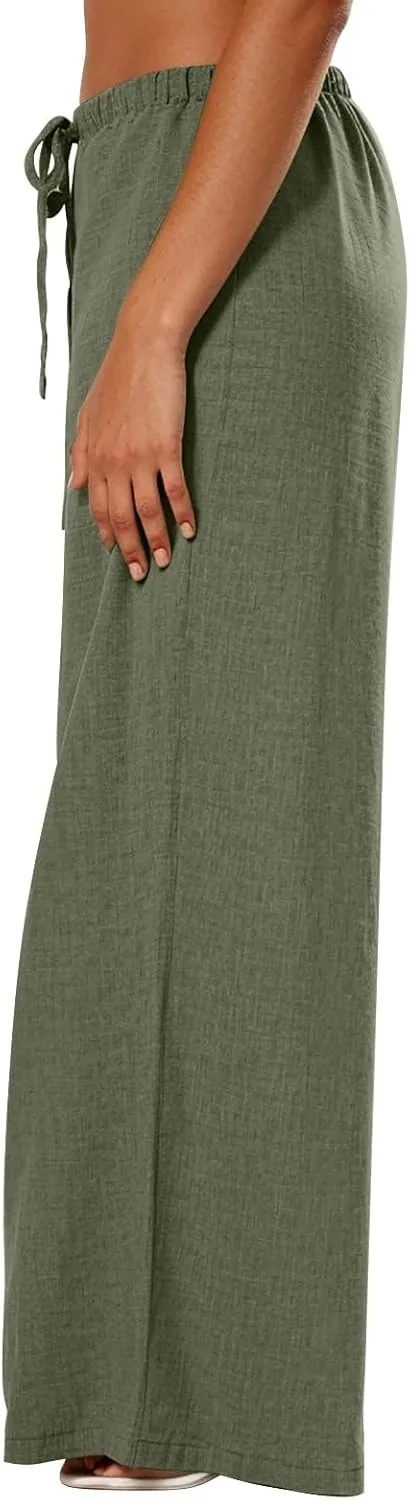 Wide Leg Linen Pants Women Casual Flowy Elastic Waist Work Pants Summer Loose Drawstring Cotton Joggers with Pockets