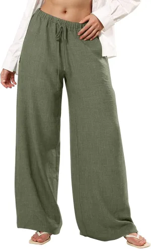 Wide Leg Linen Pants Women Casual Flowy Elastic Waist Work Pants Summer Loose Drawstring Cotton Joggers with Pockets