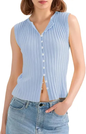 Women Button Up Vest Tank Top Ribbed Knit Sleeveless Slim Fit Shirt Summer Y2k Dressy Going Out Tops