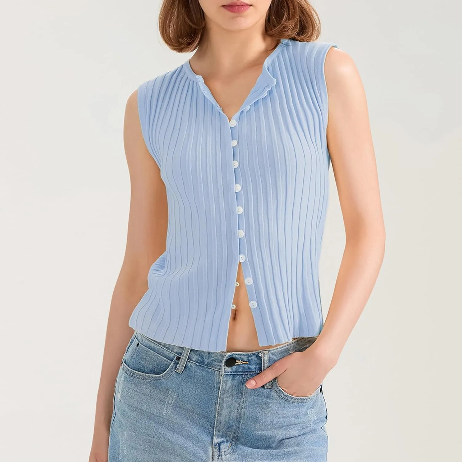 Women Button Up Vest Tank Top Ribbed Knit Sleeveless Slim Fit Shirt Summer Y2k Dressy Going Out Tops