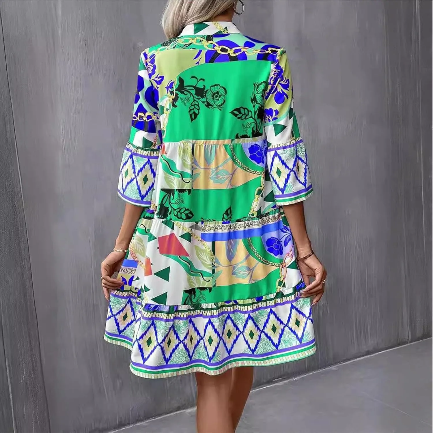 Women Casual Spring Summer Dresses V Neck 3/4 Long Sleeve Ruffle Floral Flowy Boho Babydoll Mini Short Beach Dress