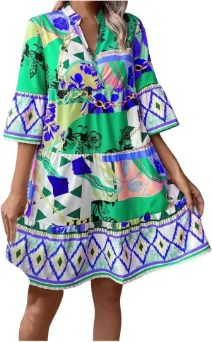 Women Casual Spring Summer Dresses V Neck 3/4 Long Sleeve Ruffle Floral Flowy Boho Babydoll Mini Short Beach Dress