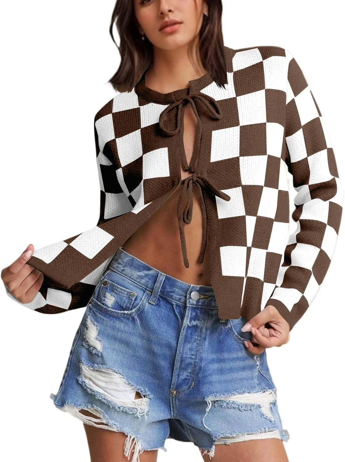 Women Checkered Bow Tie Cardigan Y2K Plaid Color Block Long Sleeve Open Front Sweater Hollow Out Knit Jacket
