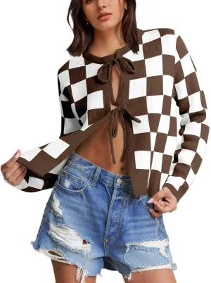 Women Checkered Bow Tie Cardigan Y2K Plaid Color Block Long Sleeve Open Front Sweater Hollow Out Knit Jacket